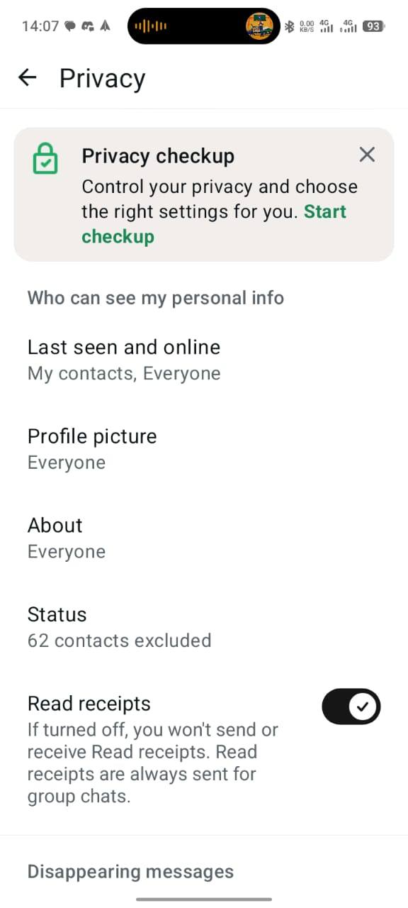 WhatsApp Privacy settings screen with last seen, profile picture and about options