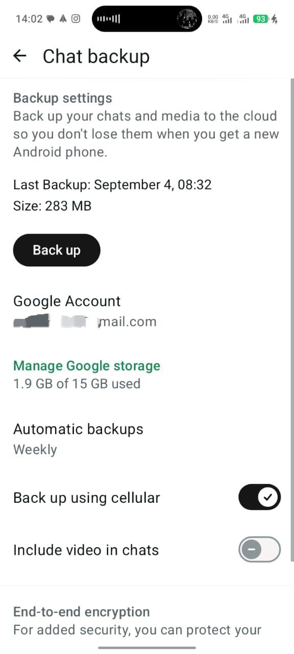 WhatsApp Chat backup screen showing last backup date and Back up button