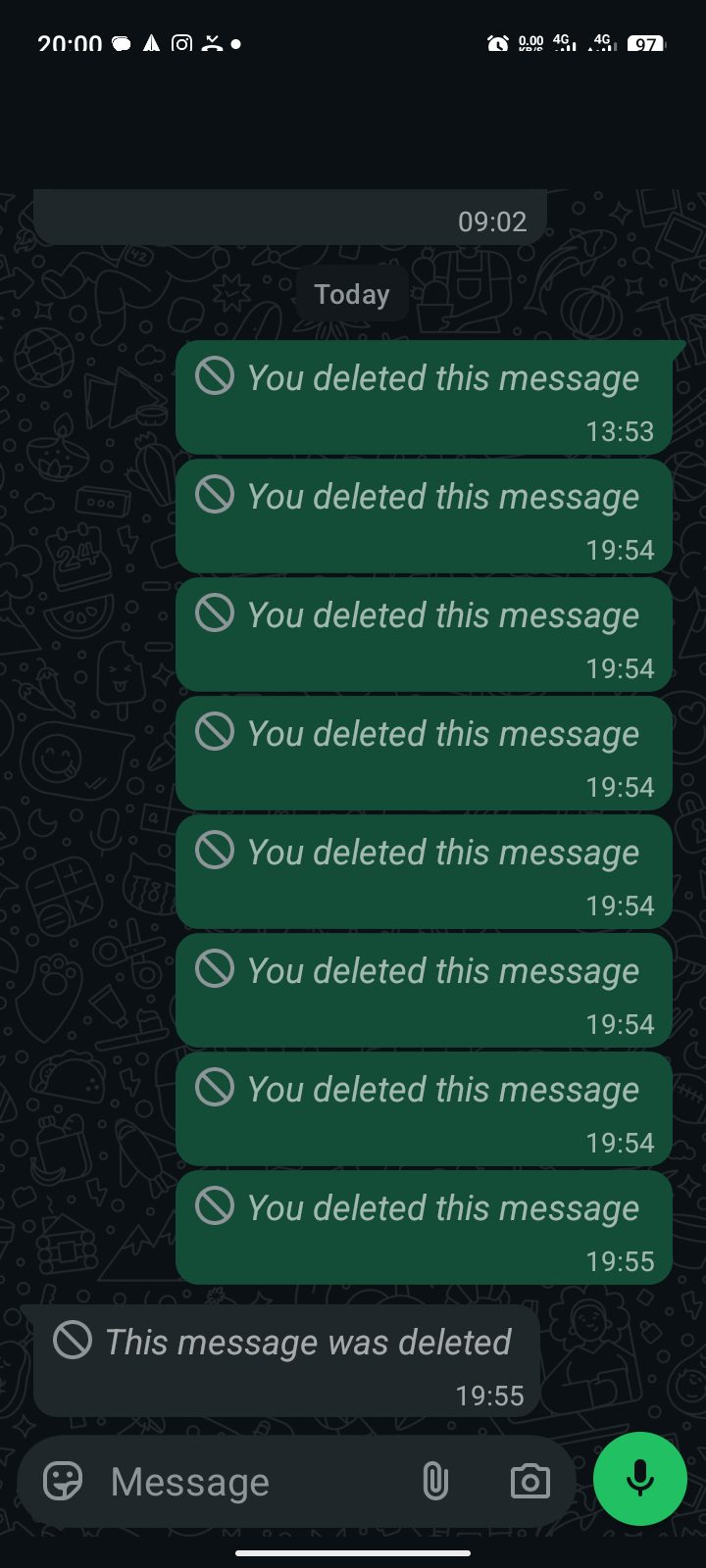WhatsApp dark-mode chat on a Tecno Android phone showing green "You deleted this message" bubbles and one grey "This message was deleted" bubble, with the contact name and photo redacted.