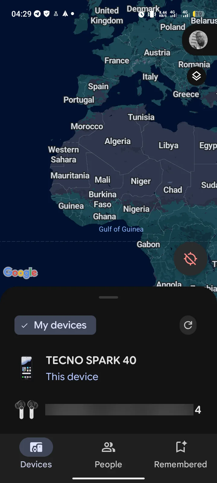 Find Hub My devices list on a Tecno Spark 40 showing the phone as this device