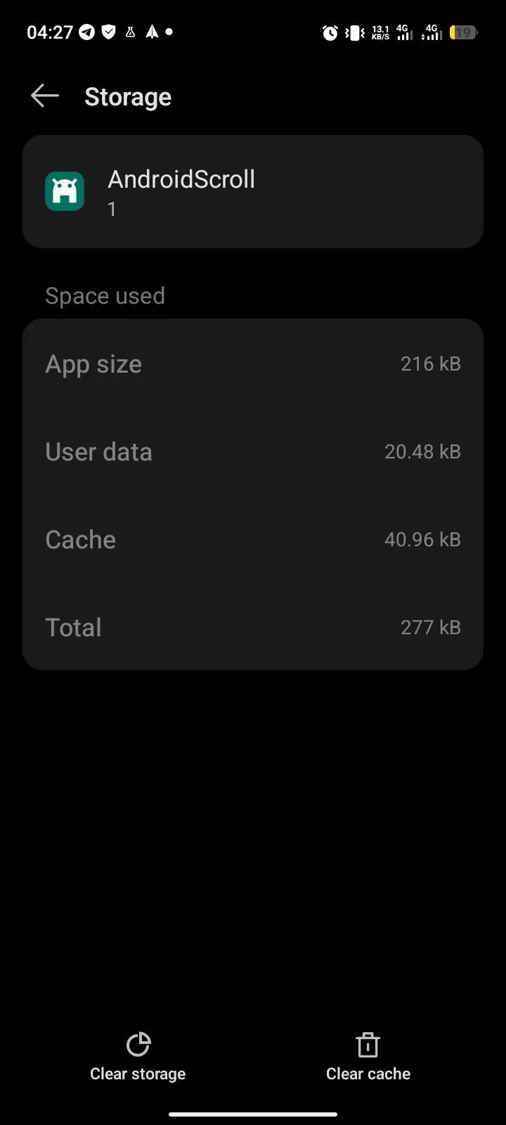 App storage screen on a Tecno Spark 40 showing App size, User data, Cache with Clear cache and Clear storage buttons