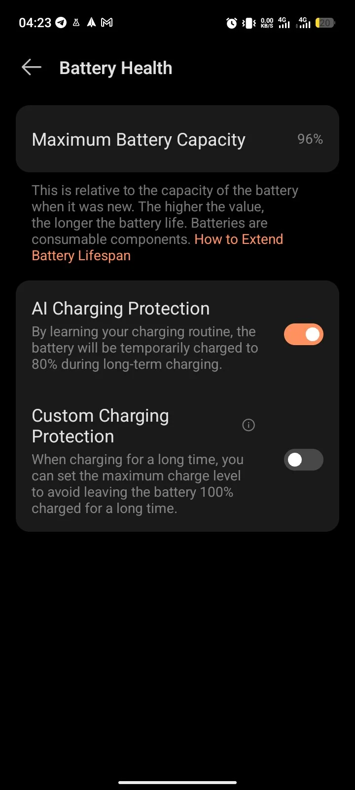 Battery Health page on a Tecno Spark 40 showing 96 percent maximum battery capacity and AI Charging Protection switched on