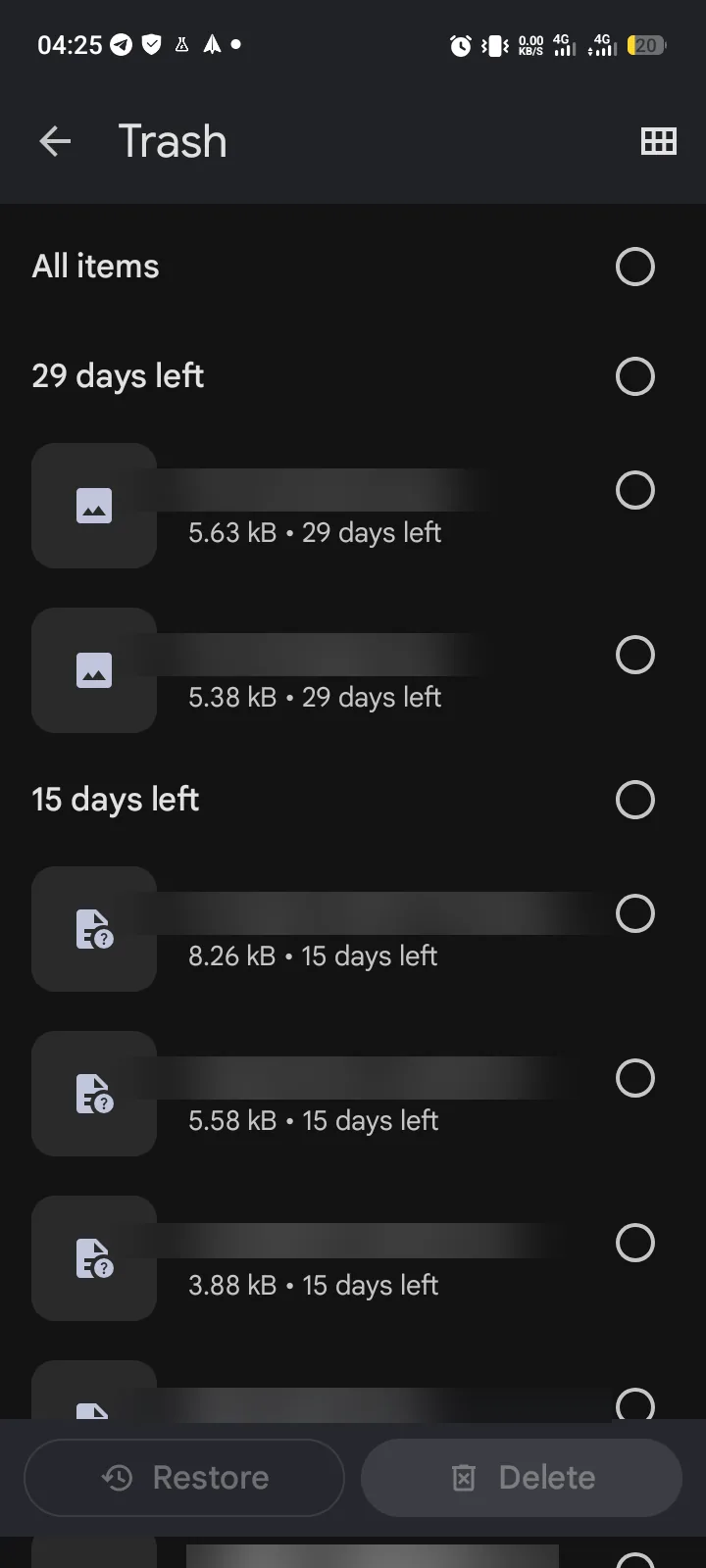 Deleted files waiting in the Files app Trash on a Tecno Spark 40, grouped by 29 days left and 15 days left