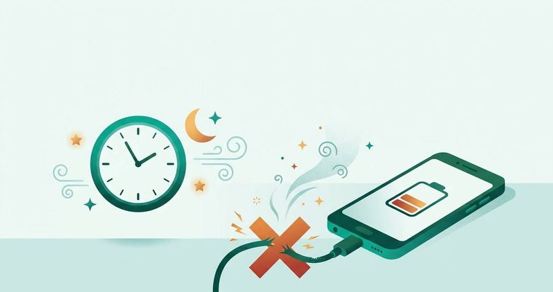 Illustration: phone on a charger with the six battery-damaging mistakes called out