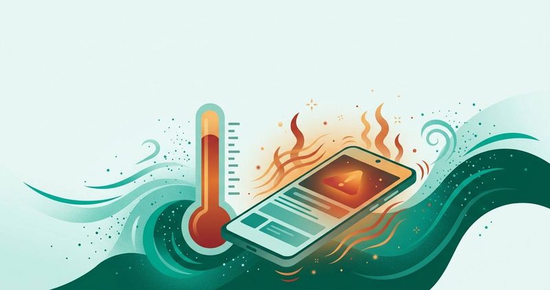 Illustration: overheating phone with a warning icon beside a high thermometer