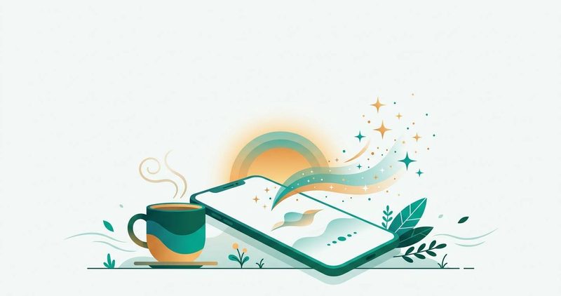 Illustration: steaming coffee beside a phone casting a sparkling wave at sunrise